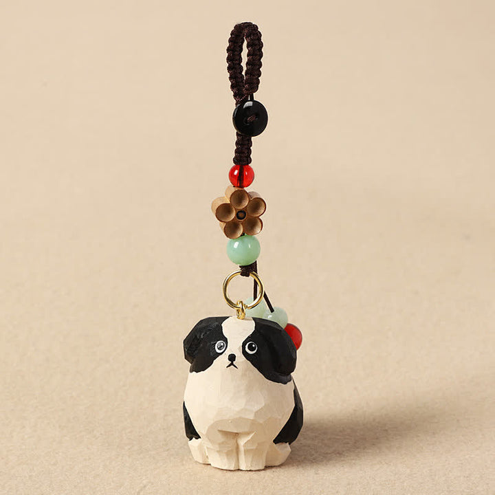 Buddha Stones Carved Wood Dog Om Mani Padme Hum Wisdom Keychains - Black And White Dog - image 0