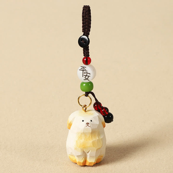 Buddha Stones Carved Wood Dog Om Mani Padme Hum Creativity Keychains - Safe White Dog - image 7