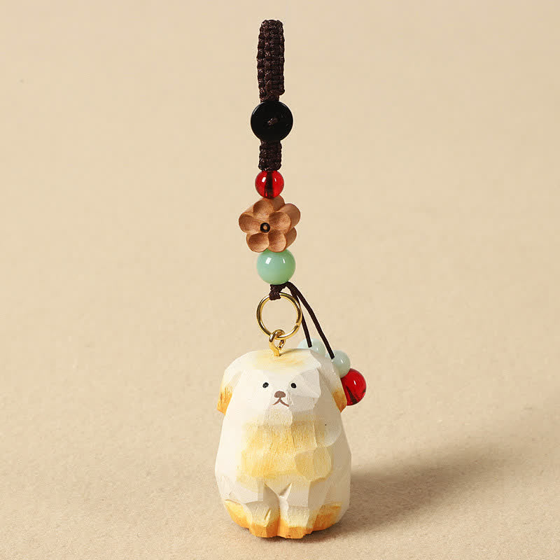 Buddha Stones Carved Wood Dog Om Mani Padme Hum Creativity Keychains - White Dog - image 4