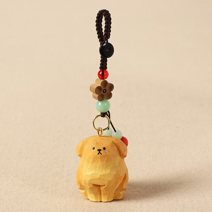 Buddha Stones Carved Wood Dog Om Mani Padme Hum Creativity Keychains - Yellow Dog - image 0