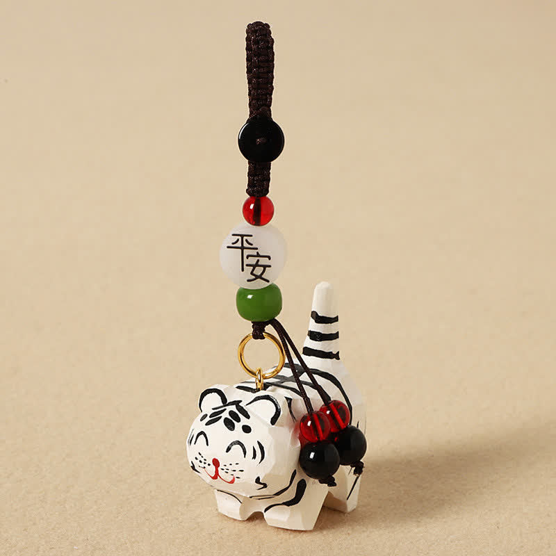 Buddha Stones Carved Wood Tiger Om Mani Padme Hum Focus Keychains - Safe White Tiger - image 7