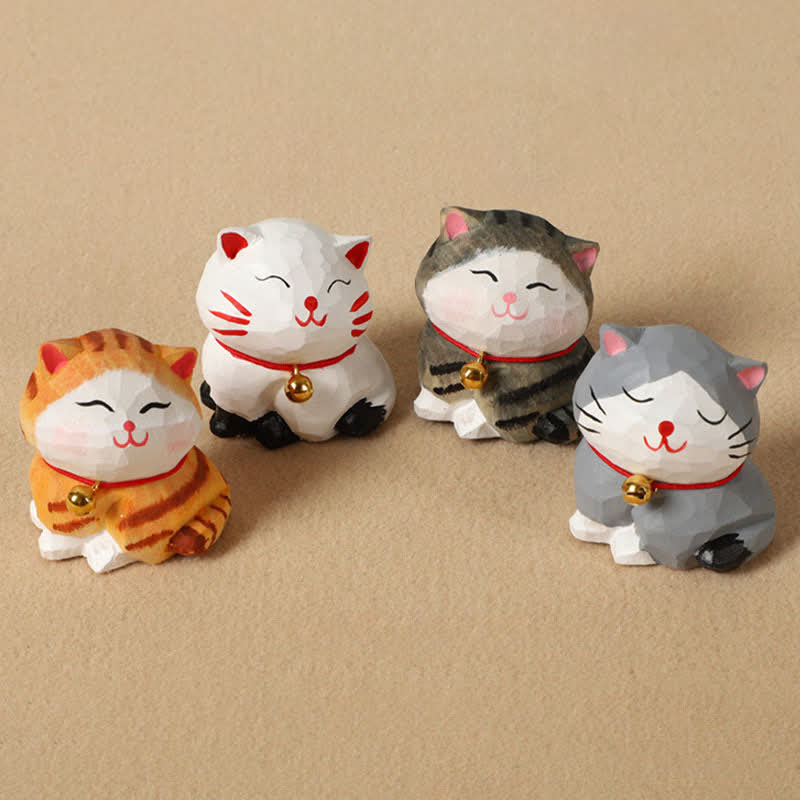 Buddha Stones Hand Carved Natural Wood Balance Cat Keychain Cute Animal Decor - image 0