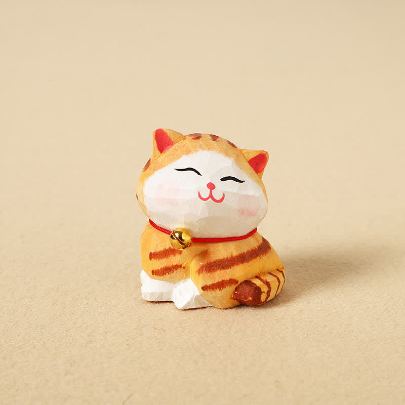 Buddha Stones Hand Carved Natural Wood Balance Cat Keychain Cute Animal Decor - Orange - image 1