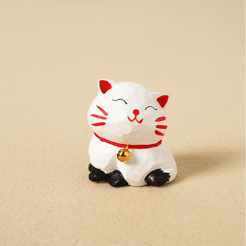 Buddha Stones Hand Carved Natural Wood Balance Cat Keychain Cute Animal Decor - White - image 2
