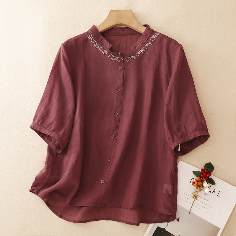 Buddha Stones Summer Casual Elegant Tang Style Vine Embroidery Crew Neck Button-Up Solid Women's Short Sleeve Shirts - Maroon - US8-10, UK/AU12-14, EU40-42 (2XL) - image 17