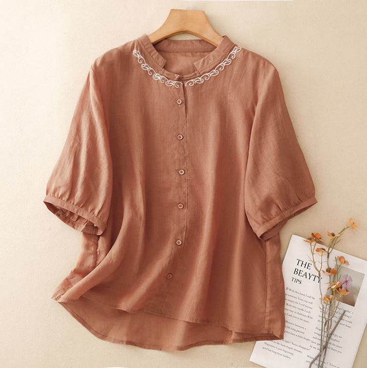 Buddha Stones Summer Casual Elegant Tang Style Vine Embroidery Crew Neck Button-Up Solid Women's Short Sleeve Shirts - DarkSalmon - US8-10, UK/AU12-14, EU40-42 (2XL) - image 8