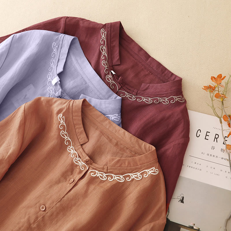 Buddha Stones Summer Casual Elegant Tang Style Vine Embroidery Crew Neck Button-Up Solid Women's Short Sleeve Shirts - image 27