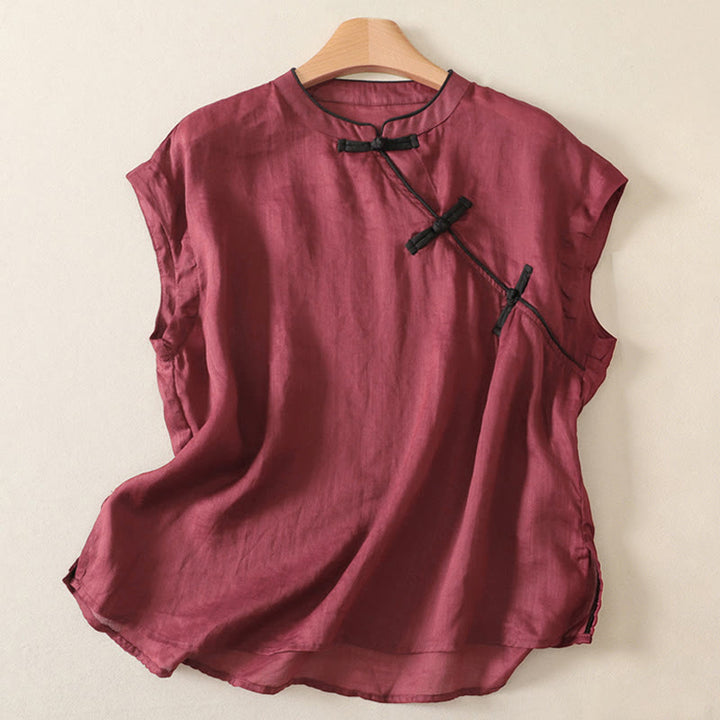 Buddha Stones Summer Tang Style Casual Frog Button Solid Tank Top Women's Sleeveless Shirts - Maroon - US12, UK/AU16, EU44 (2XL) - image 6
