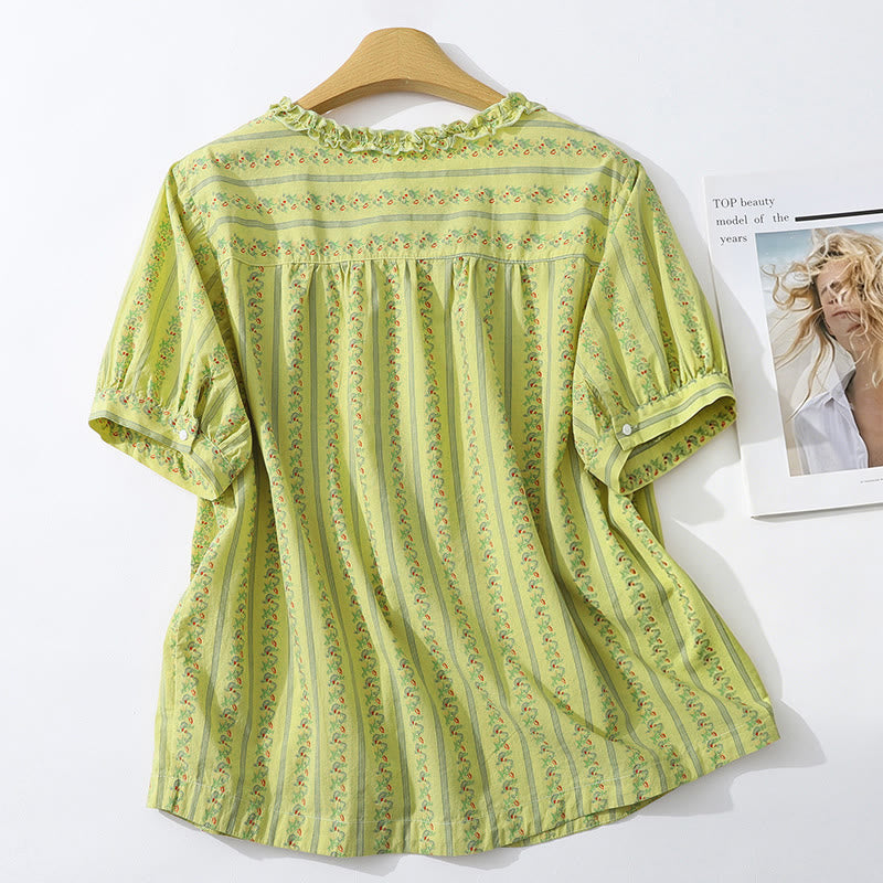 Buddha Stones Summer Casual Elegant Button-Up Floral Striped Crew Neck Women's Short Sleeve Shirts - image 1