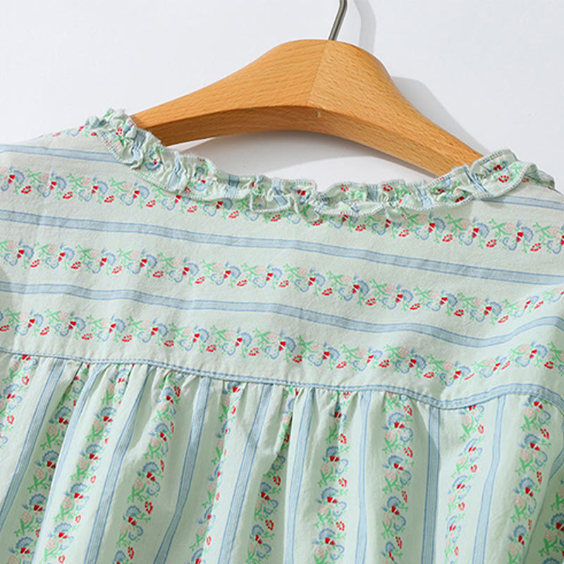 Buddha Stones Summer Casual Elegant Button-Up Floral Striped Crew Neck Women's Short Sleeve Shirts - image 13