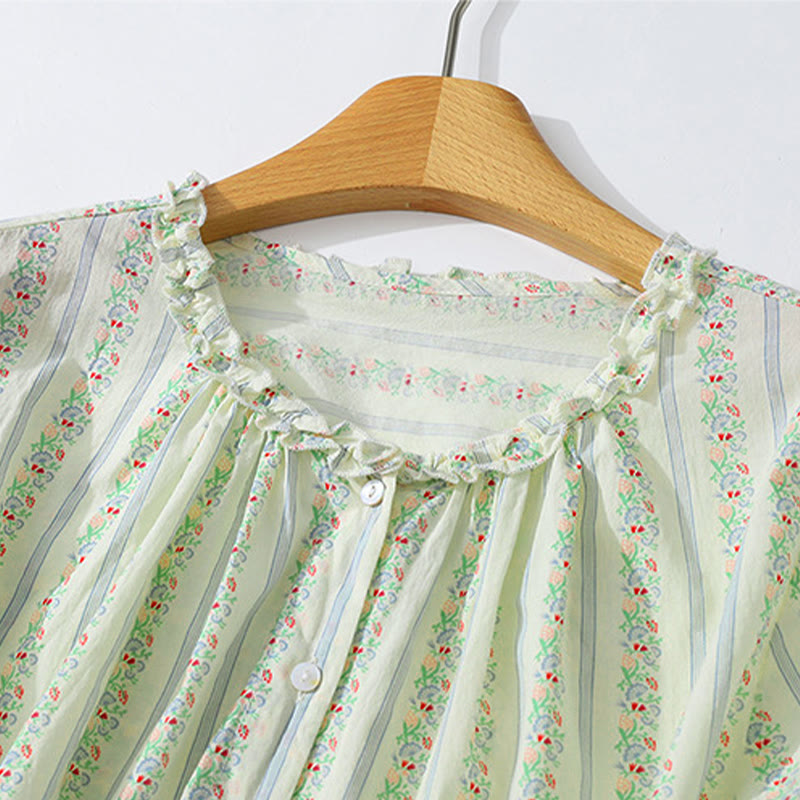 Buddha Stones Summer Casual Elegant Button-Up Floral Striped Crew Neck Women's Short Sleeve Shirts - image 21
