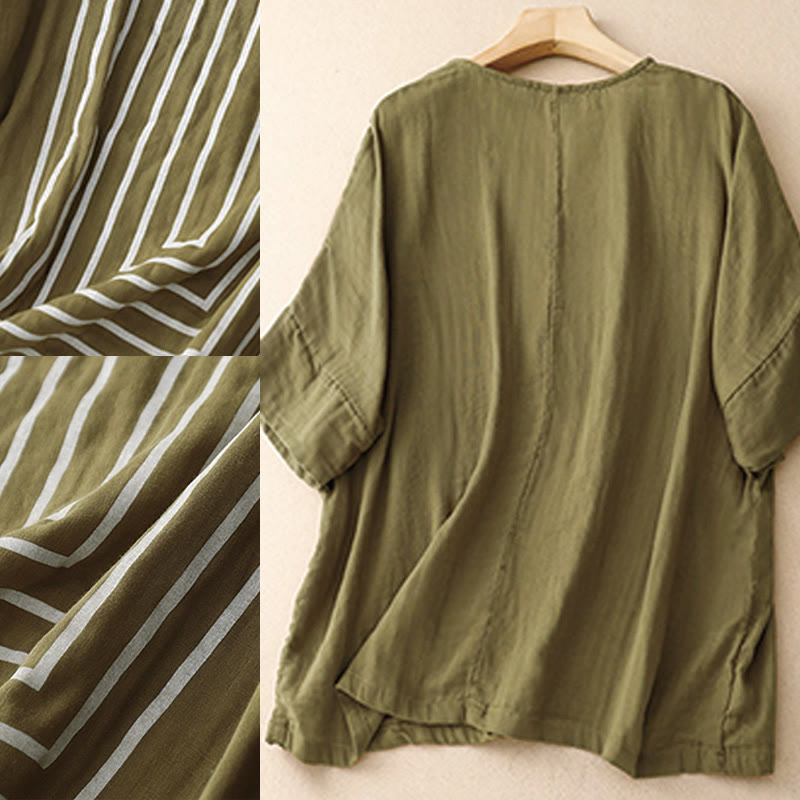 Buddha Stones Casual Line Printing Pattern Short Sleeve Cotton Linen Women's T-Shirt - image 1
