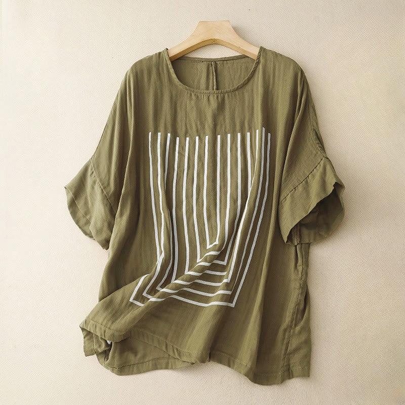Buddha Stones Casual Line Printing Pattern Short Sleeve Cotton Linen Women's T-Shirt - Olive - US12，UK/AU16，EU44 (2XL) - image 0