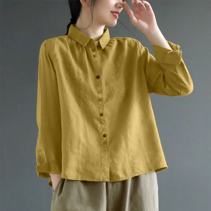 Buddha Stones Spring Embroidery Long Sleeve Colorful Button Label  Women's Shirt - DarkGoldenrod - US12，UK/AU16，EU44 (2XL) - image 0