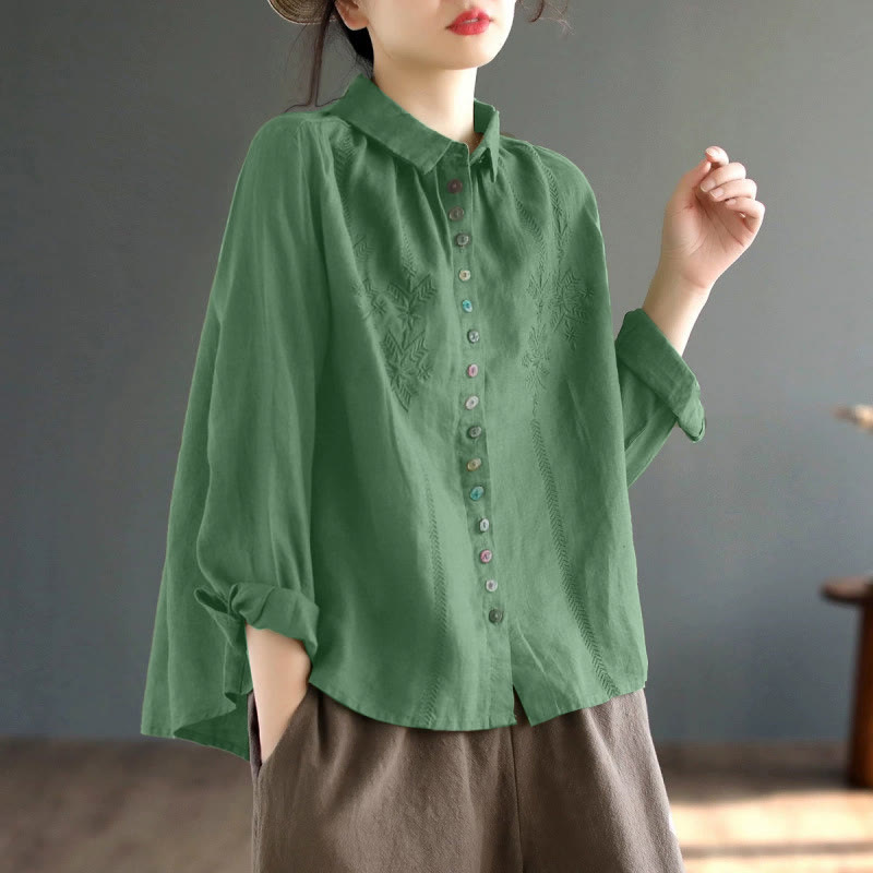 Buddha Stones Spring Embroidery Long Sleeve Colorful Button Label  Women's Shirt - MediumSeaGreen - US12，UK/AU16，EU44 (2XL) - image 9