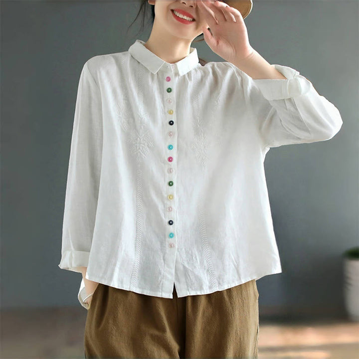 Buddha Stones Spring Embroidery Long Sleeve Colorful Button Label  Women's Shirt - image 6