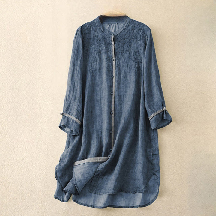 Buddha Stones Summer Casual Embroidered Stand Collar Design Three Quarter Sleeve Midi Dress - RoyalBlue - US8-10，UK/AU12-14，EU40-42 (2XL) - image 5