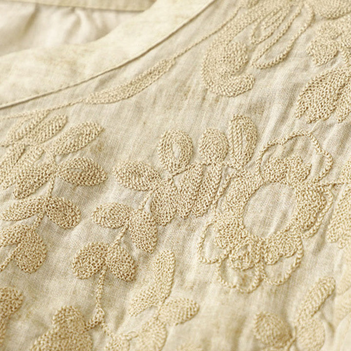 Buddha Stones Summer Casual Embroidered Stand Collar Design Three Quarter Sleeve Midi Dress - image 15