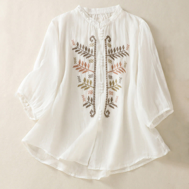 Buddha Stones Casual Artistic Embroidery Leaves Pattern Women's Three Quarter Sleeve Shirt - White - US8-10，UK/AU12-14，EU40-42 (2XL) - image 14