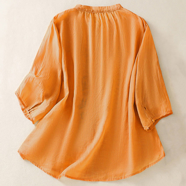Buddha Stones Casual Artistic Embroidery Leaves Pattern Women's Three Quarter Sleeve Shirt - image 1