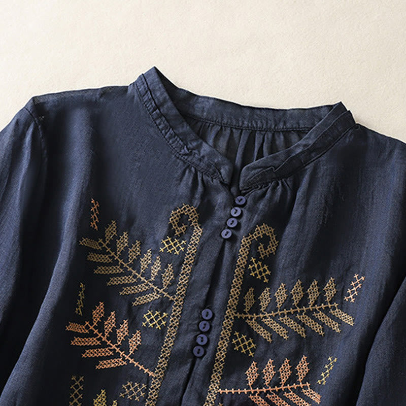Buddha Stones Casual Artistic Embroidery Leaves Pattern Women's Three Quarter Sleeve Shirt - image 9