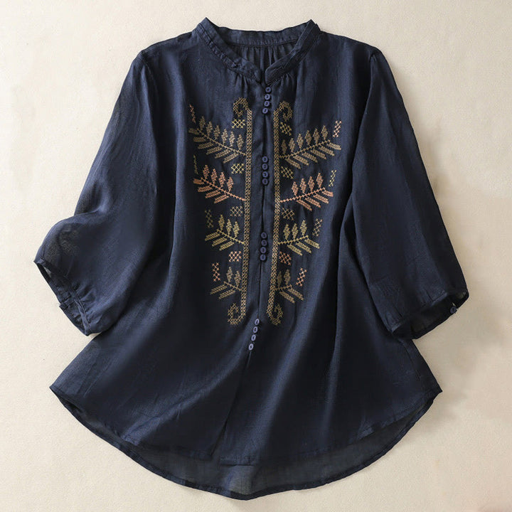 Buddha Stones Casual Artistic Embroidery Leaves Pattern Women's Three Quarter Sleeve Shirt - MidnightBlue - US8-10，UK/AU12-14，EU40-42 (2XL) - image 8