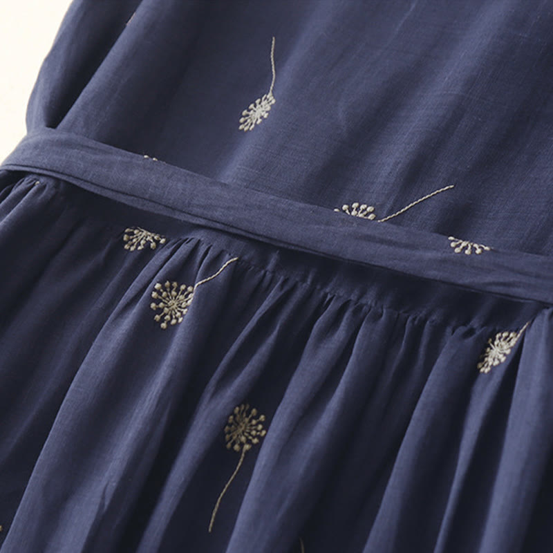 Buddha Stones MidnightBlue Printing Lace-Up Design Sleeveless Cotton Midi Dress With Pockets - image 7