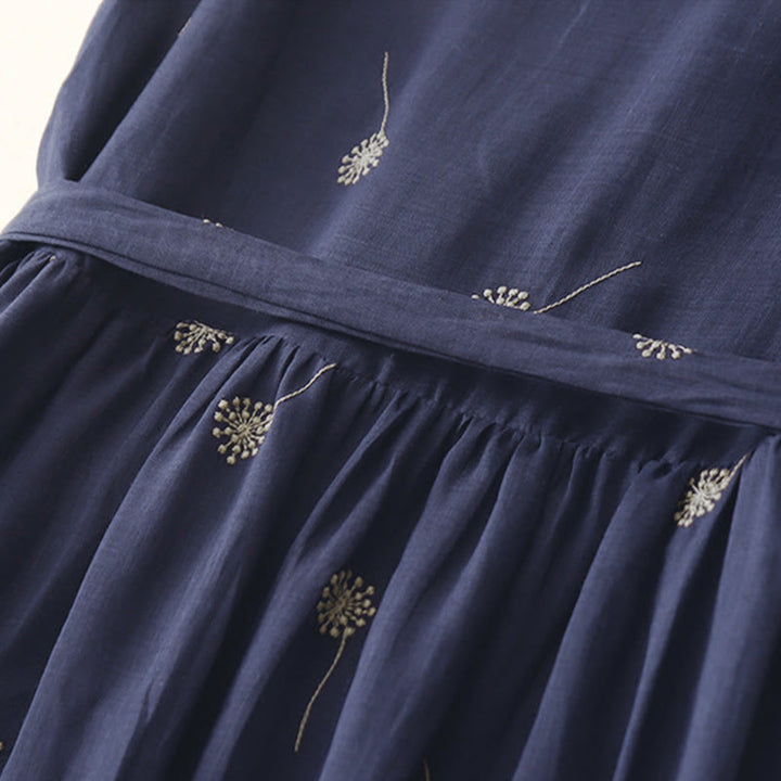Buddha Stones MidnightBlue Printing Lace-Up Design Sleeveless Cotton Midi Dress With Pockets - image 7