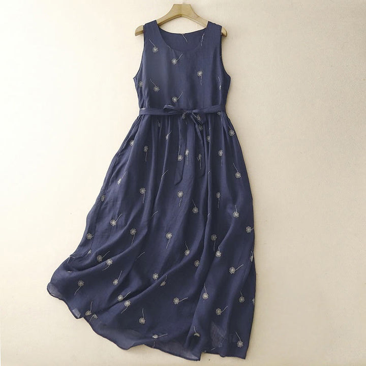 Buddha Stones MidnightBlue Printing Lace-Up Design Sleeveless Midi Dress With Pockets - MidnightBlue - US8-10，UK/AU12-14，EU40-42 (2XL) - image 0