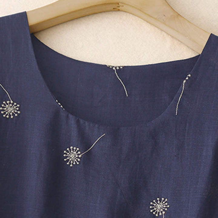 Buddha Stones MidnightBlue Printing Lace-Up Design Sleeveless Cotton Midi Dress With Pockets - image 2