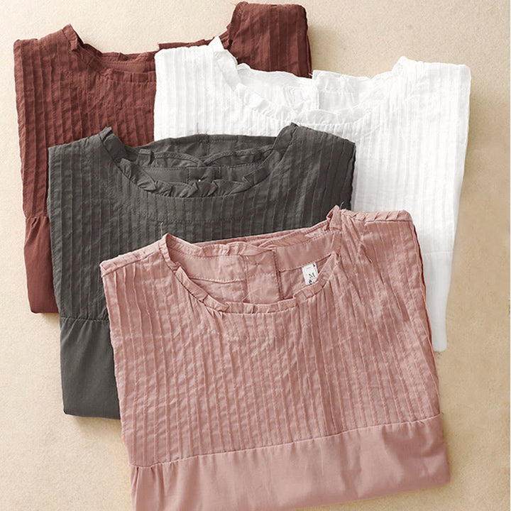 Buddha Stones Summer Pure Color Ruffled Pleated Design Women's Short Sleeve Shirt - image 18