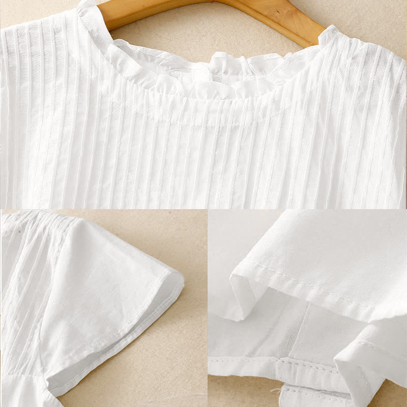 Buddha Stones Summer Pure Color Ruffled Pleated Design Women's Short Sleeve Shirt - image 11