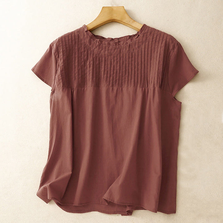 Buddha Stones Summer Pure Color Ruffled Pleated Design Women's Short Sleeve Shirt - DarkRed - US6，UK/AU10，EU38 (2XL) - image 14