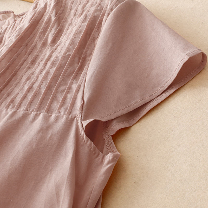 Buddha Stones Summer Pure Color Ruffled Pleated Design Women's Short Sleeve Shirt - image 3