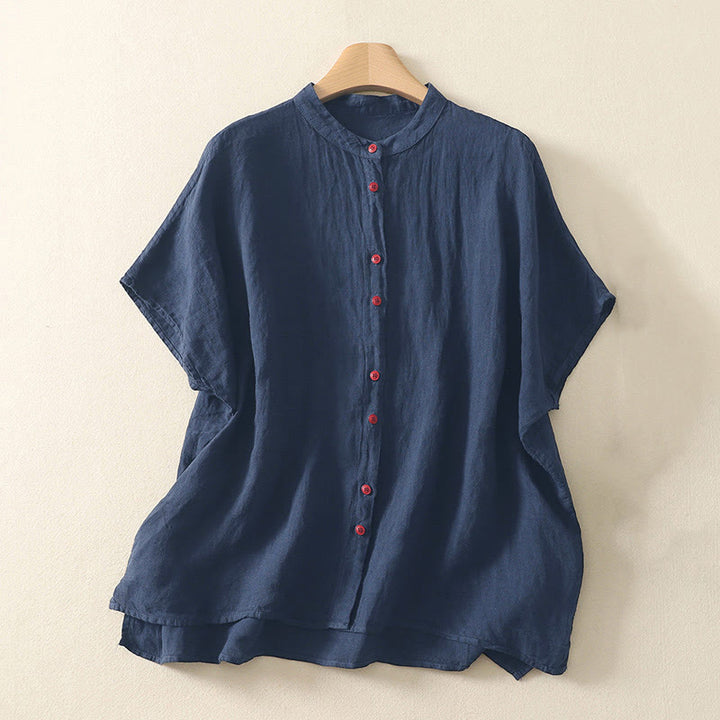 Buddha Stones Summer Plain Red Buttons Short Sleeve Women's Shirt - MidnightBlue - US14，UK/AU18，EU46 (2XL) - image 0