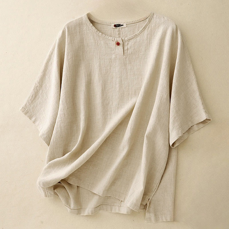 Buddha Stones Casual Plain  Women's Crew Neck Design Loose Half Sleeve T-shirt - Linen - US12，UK/AU16，EU44 (2XL) - image 0