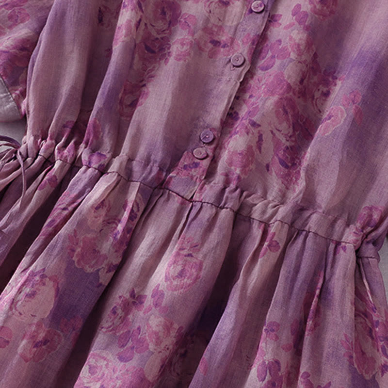 Buddha Stones Printing Buttons Drawstring High Waist Short Sleeve Midi Dress With Pockets - image 25