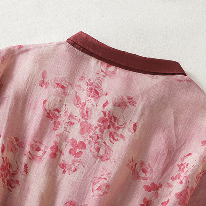 Buddha Stones Printing Buttons Drawstring High Waist Short Sleeve Midi Dress With Pockets - image 3