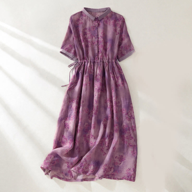 Buddha Stones Printing Buttons Drawstring High Waist Short Sleeve Midi Dress With Pockets - PaleVioletRed - US8-10，UK/AU12-14，EU40-42 (2XL) - image 20