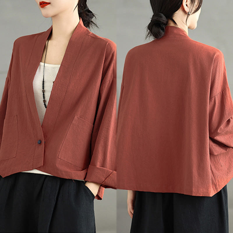 Buddha Stones Casual Vintage Plain Long Sleeve Open Front Cropped Jacket With Pockets - image 11