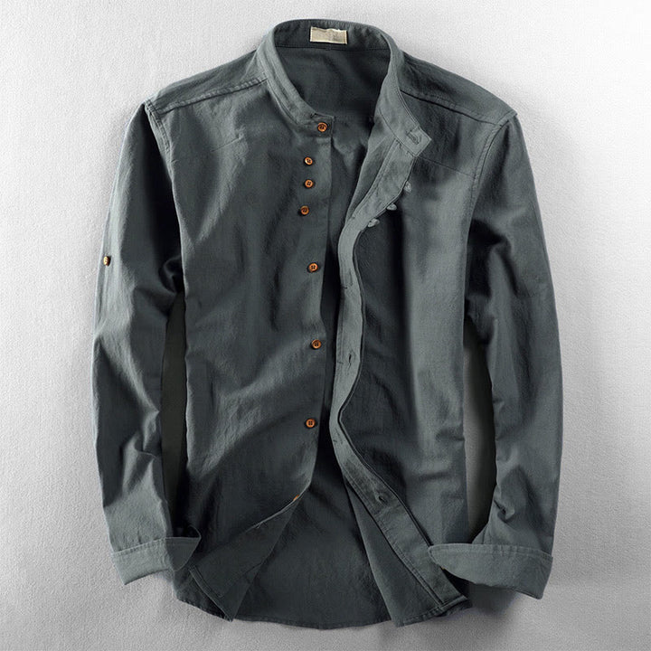 Buddha Stones Slim Fit Design Stand Collar Crew Neck Cotton Linen Men's Long Sleeve Shirt - CadetBlue - US/UK/AU48，EU58 (7XL) - image 10
