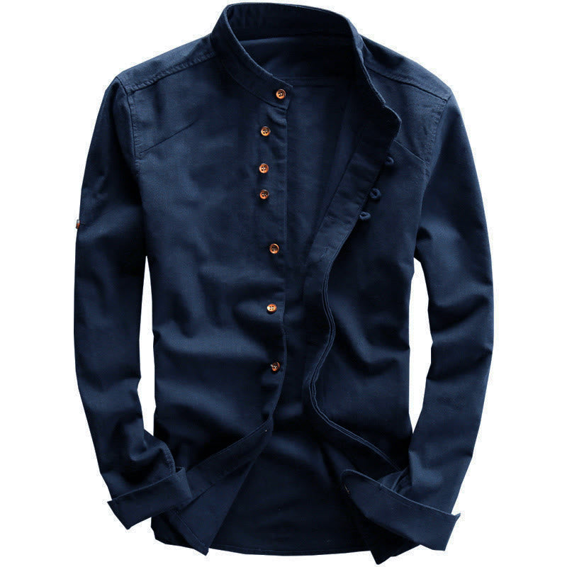 Buddha Stones Men's Slim Fit Design Stand Collar Crew Neck Long Sleeve Cotton Linen Shirt - image 1