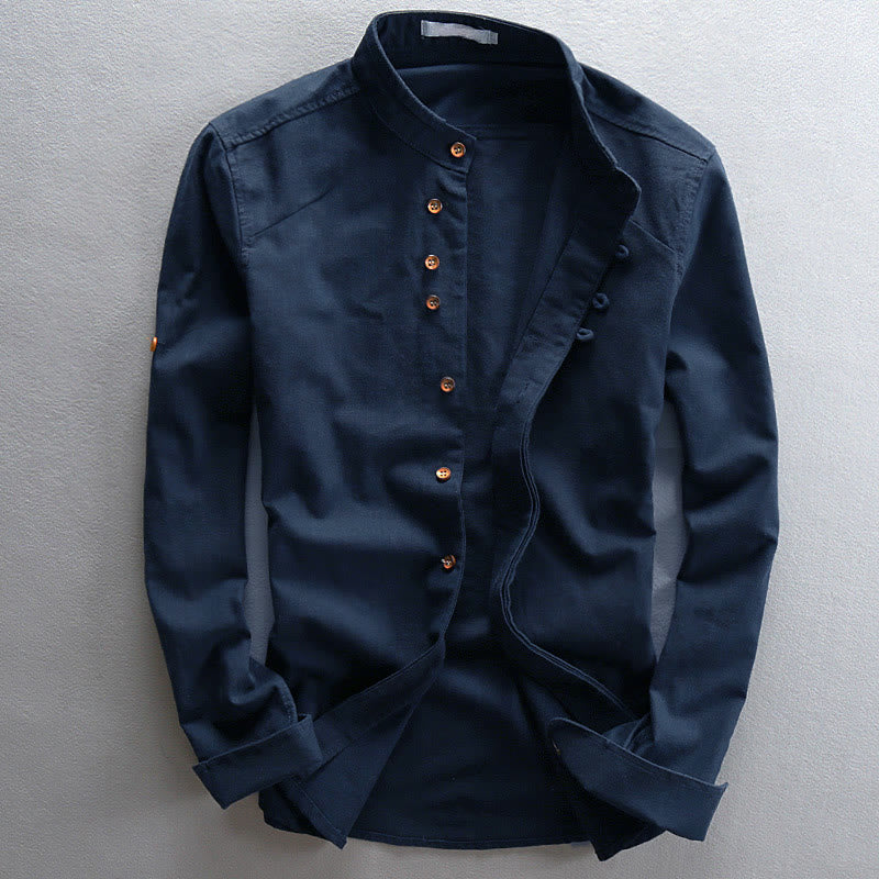 Buddha Stones Slim Fit Design Stand Collar Crew Neck Cotton Linen Men's Long Sleeve Shirt - MidnightBlue - US/UK/AU48，EU58 (7XL) - image 0