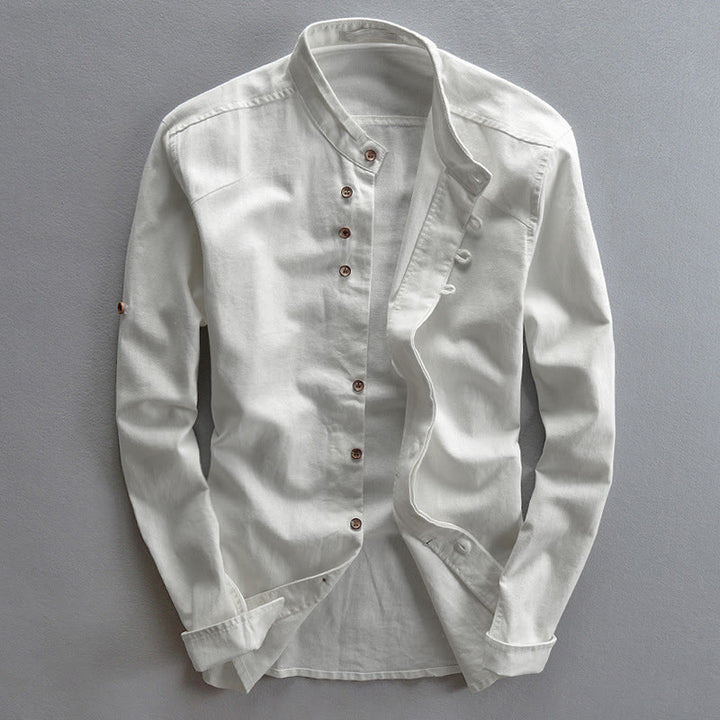 Buddha Stones Slim Fit Design Stand Collar Crew Neck Cotton Linen Men's Long Sleeve Shirt - White - US/UK/AU48，EU58 (7XL) - image 3