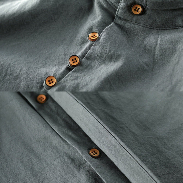 Buddha Stones Men's Slim Fit Design Stand Collar Crew Neck Long Sleeve Cotton Linen Shirt - image 11
