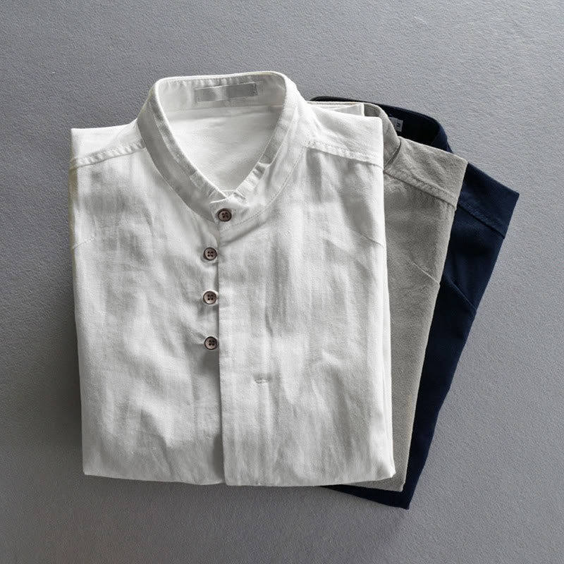 Buddha Stones Men's Slim Fit Design Stand Collar Crew Neck Long Sleeve Cotton Linen Shirt - image 14