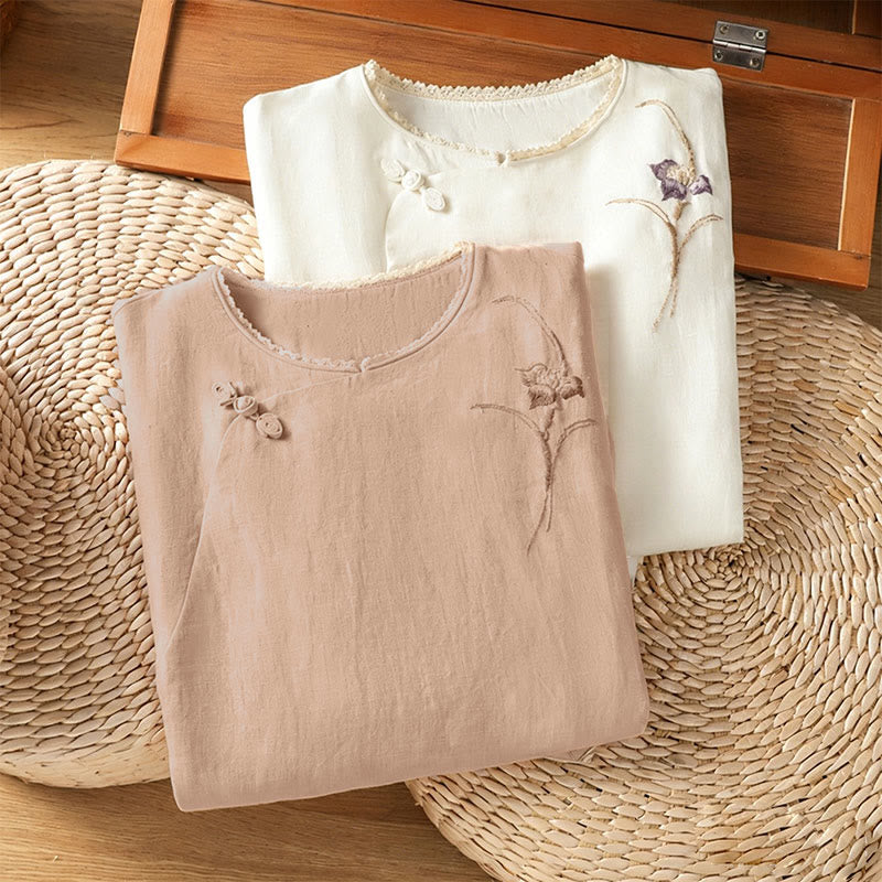 Buddha Stones Summer Tang Style Vintage Embroidery Frog Button Floral Women's Short Sleeve Shirts - image 12