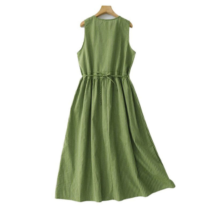 Buddha Stones Summer Casual Elegant Green Striped Crew Neck Women's Summer Sleeveless Dress - image 2