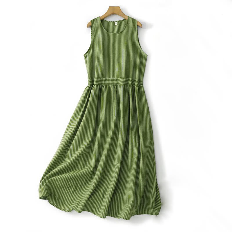 Buddha Stones Summer Casual Elegant Green Striped Crew Neck Women's Summer Sleeveless Dress - DarkSeaGreen - US12, UK/AU16, EU44 (2XL) - image 0