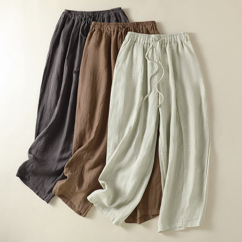 Buddha Stones Summer Casual Drawstring Solid Linen Ankle Pants Women's Wide Leg Pants With Pocket - image 22